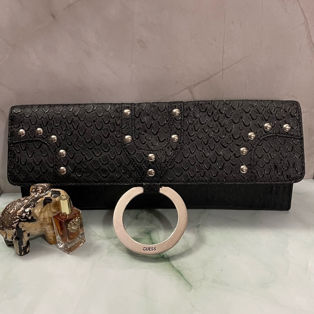 Guess Vintage Black Snake Skin Envelope Clutch Purse Y2K